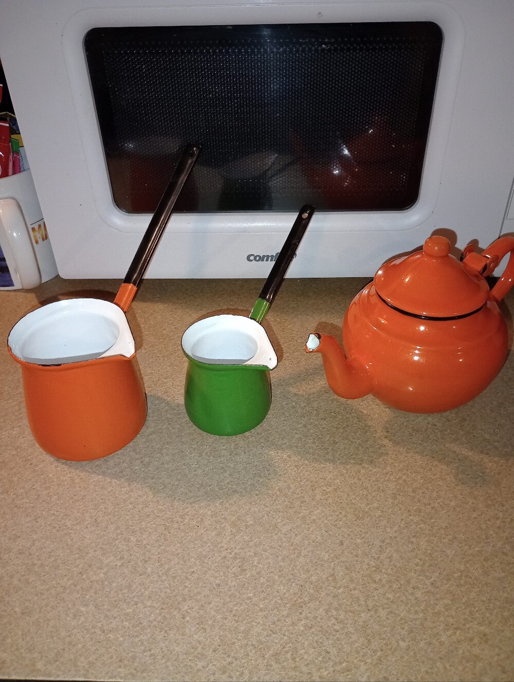 Orange Enamel Teapot and Matching Turkish Coffee, Tea, Butter Or Sauce Pans